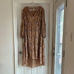 Ulla Johnson Tan/pink Floral Long Sleeve Dress, size 12, 98% silk